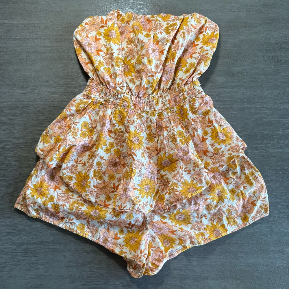 AEO Floral Orange Beige Romper Jumpsuit XS Tie Back - Picture 3 of 16